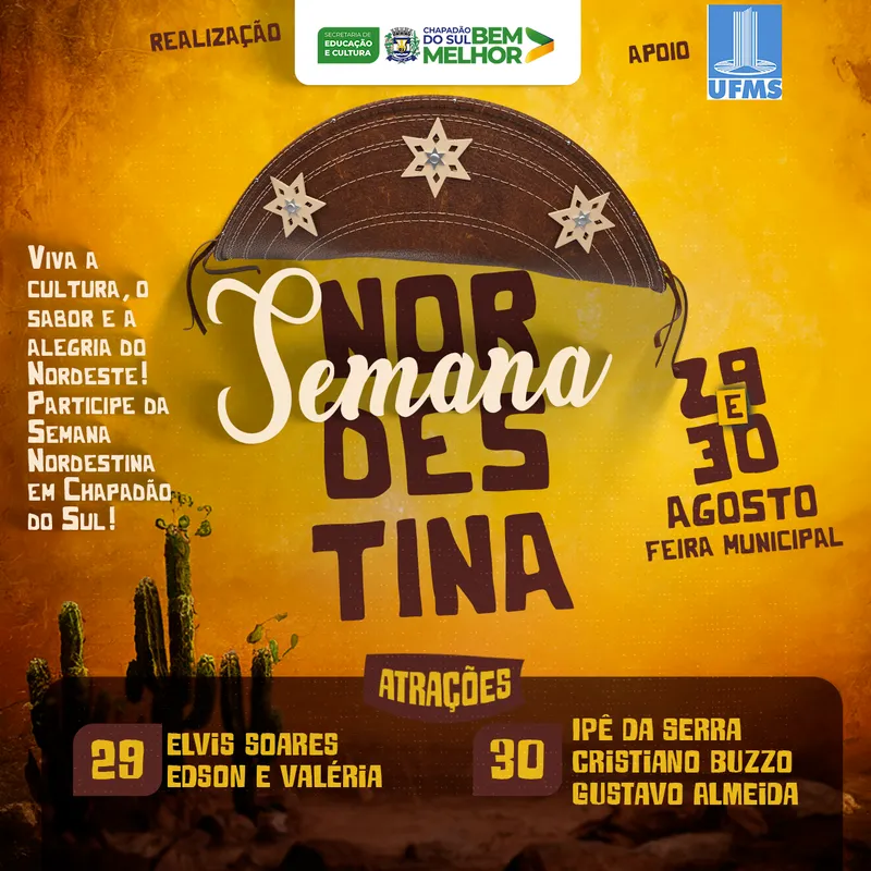 Imagem de compartilhamento para o artigo Com música, gastronomia e dança, Semana Nordestina começa nesta sexta-feira em Chapadão do Sul  da MS Todo dia
